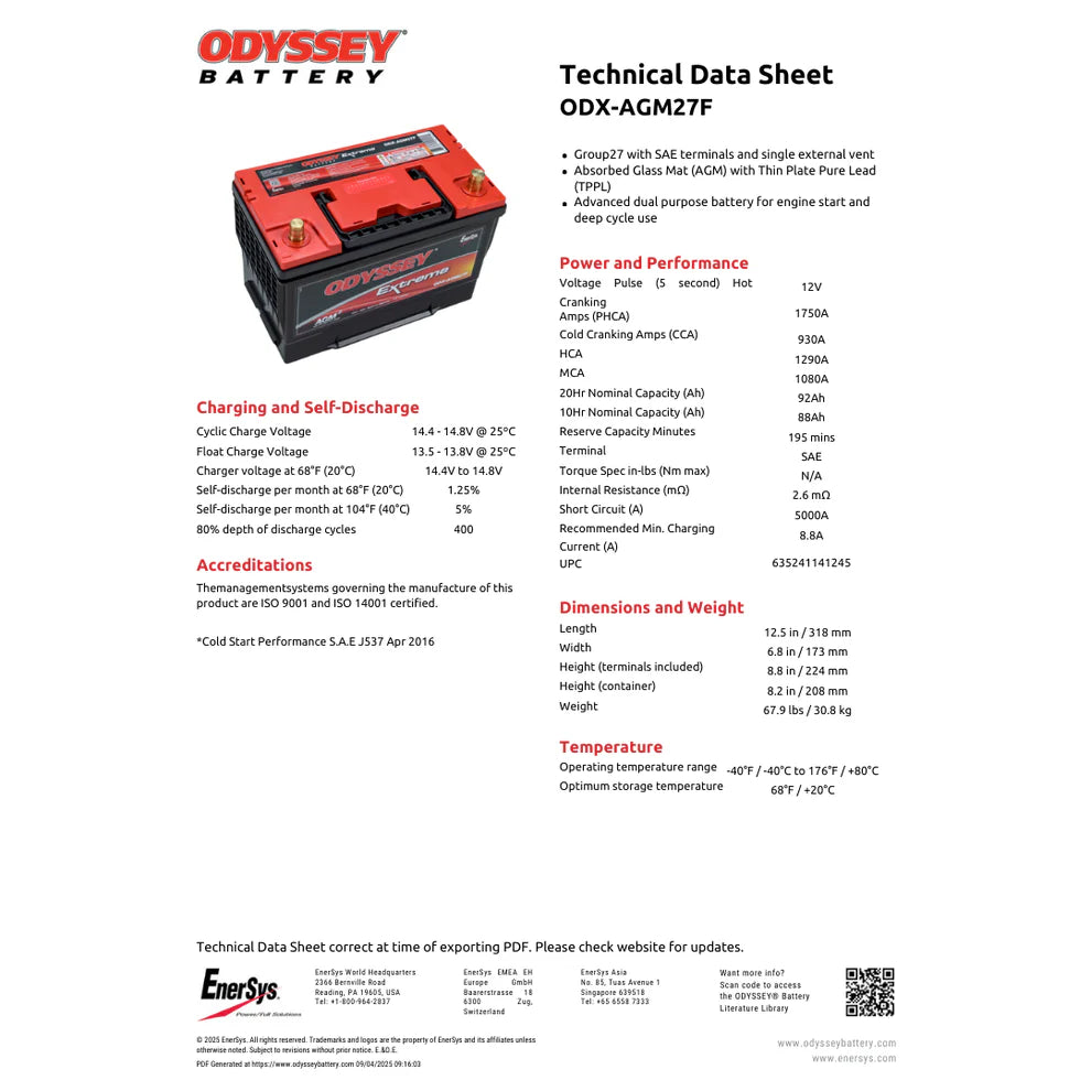 Odyssey Extreme AGM Battery ODX-AGM27F