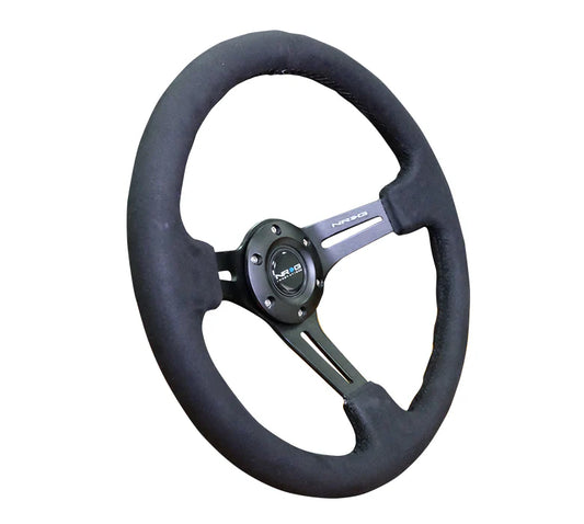 NRG Reinforced Sport Steering Wheel 350mm 3 Inch Deep Black Leather (Alcantara Stitching)