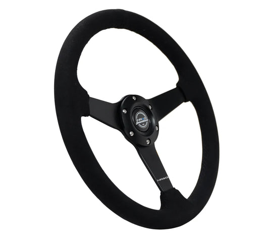 NRG 350MM Sport 1.5' Deep Black Alcantara Black Stitching (Matte Black Solid Spokes)