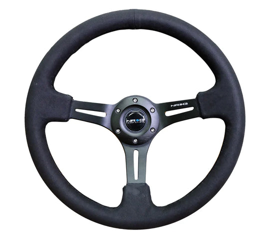 NRG Reinforced Sport Steering Wheel 350mm 3 Inch Deep Black Leather (Alcantara Stitching)