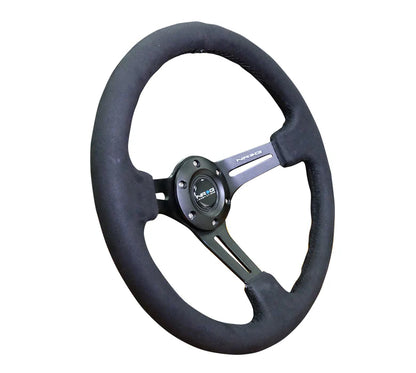 NRG Reinforced Sport Steering Wheel 350mm 3 Inch Deep Black Leather (Alcantara Stitching)