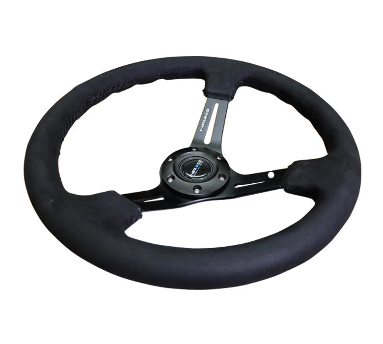 NRG Reinforced Sport Steering Wheel 350mm 3 Inch Deep Black Leather (Alcantara Stitching)
