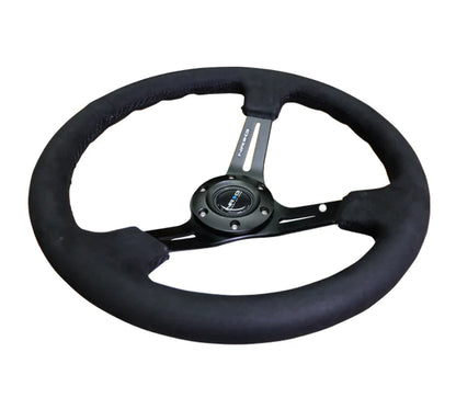 NRG Reinforced Sport Steering Wheel 350mm 3 Inch Deep Black Leather (Alcantara Stitching)