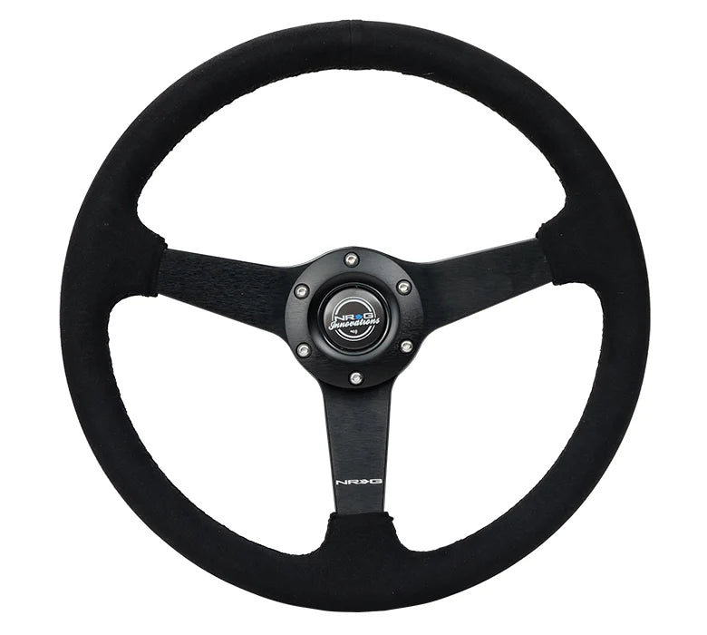 NRG 350MM Sport 1.5' Deep Black Alcantara Black Stitching (Matte Black Solid Spokes)