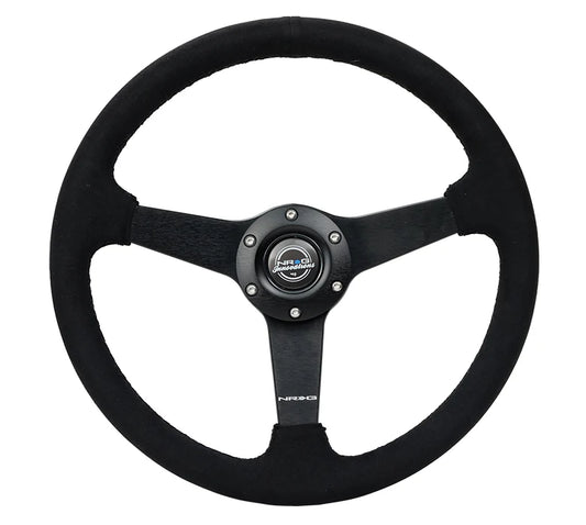 NRG 350MM Sport 1.5' Deep Black Alcantara Black Stitching (Matte Black Solid Spokes)
