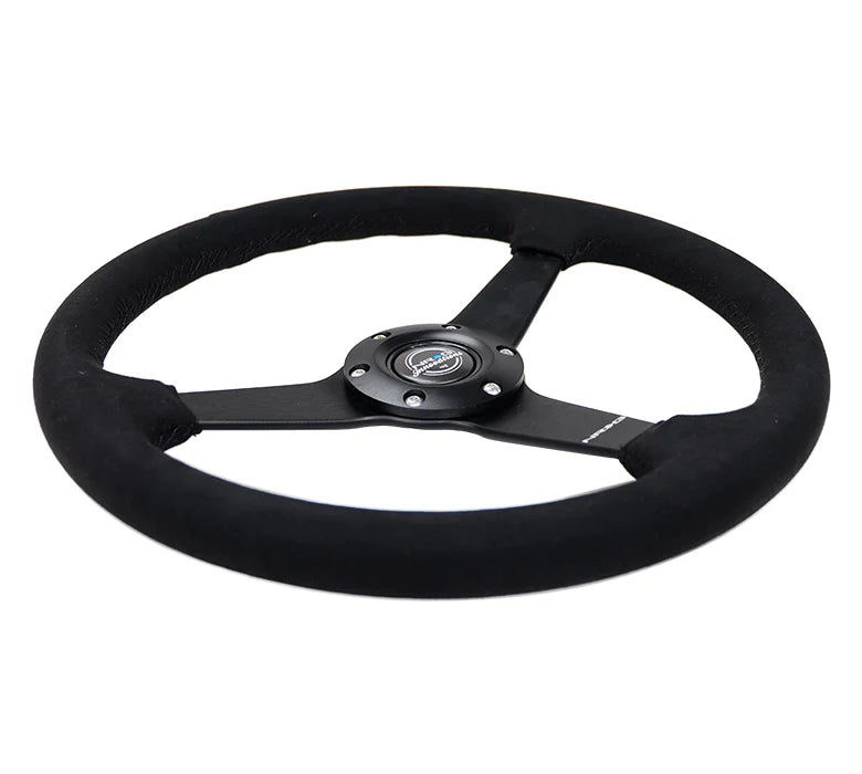 NRG 350MM Sport 1.5' Deep Black Alcantara Black Stitching (Matte Black Solid Spokes)